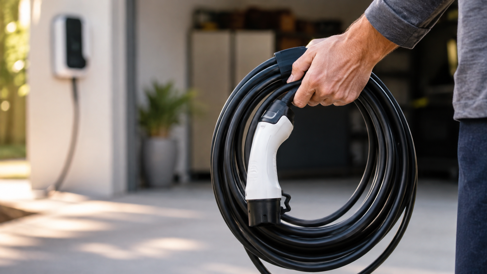 Elektrikli araç şarj kablosunun özenle sarılması