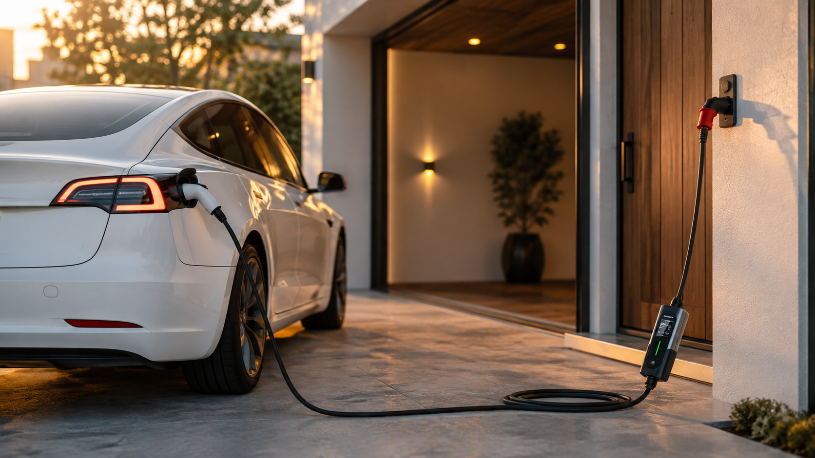 Ev garajında taşınabilir elektrikli araç şarj cihazı