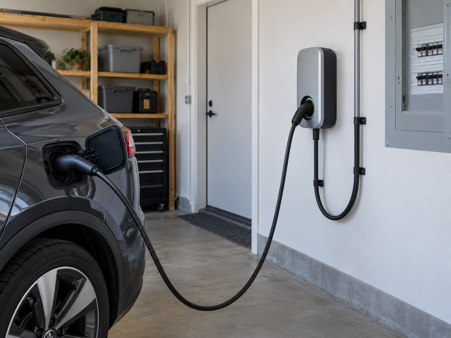 Wallbox için ayrı elektrik hattı kurulumu yapılan modern ev garajı