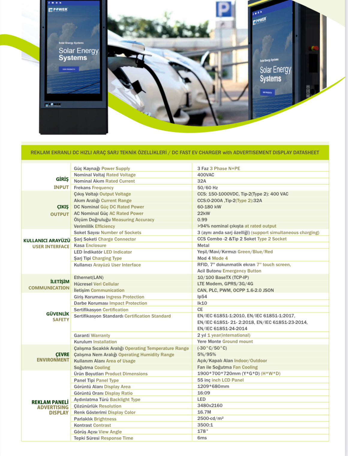POWER ELEKTRONİK, 55 İNÇ REKLAM EKRANLI, ÇİFT ÇIKIŞLI, 180 KW DC ARAÇ ŞARJ İSTASYONU