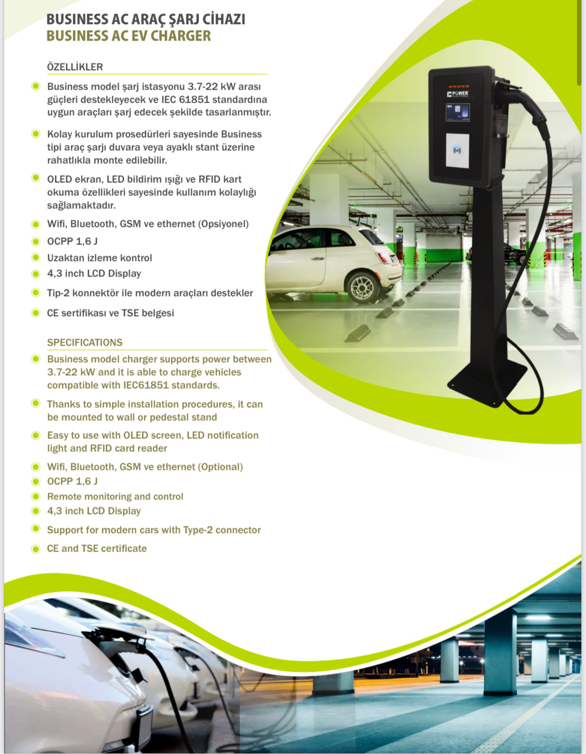 POWER ELEKTRONİK 22 KW AC KABLOLU TİCARİ ARAÇ ŞARJ İSTASYONU