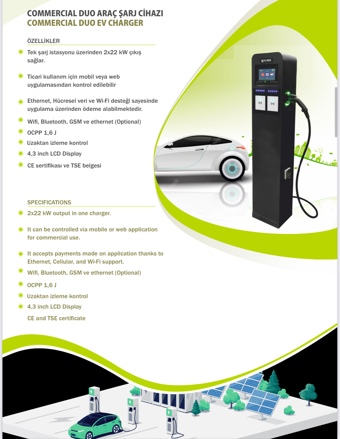 POWER ELEKTRONİK 2*11 22 KW AC ÇİFT ÇIKIŞLI KABLOLU TİCARİ ARAÇ ŞARJ İSTASYONU