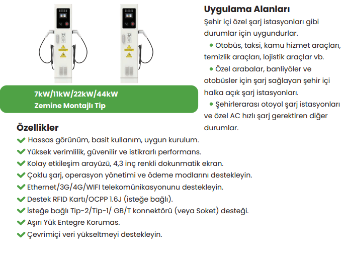 HIZZLAN 2*22 44 KW AC ZEMİNE MONTE ÇİFT ÇIKIŞLI KABLOLU TİCARİ ARAÇ ŞARJ İSTASYONU