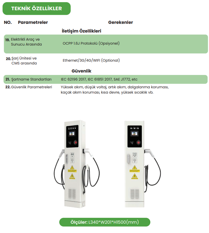 HIZZLAN 2*11 22 KW AC ZEMİNE MONTE ÇİFT ÇIKIŞLI KABLOLU TİCARİ ARAÇ ŞARJ İSTASYONU