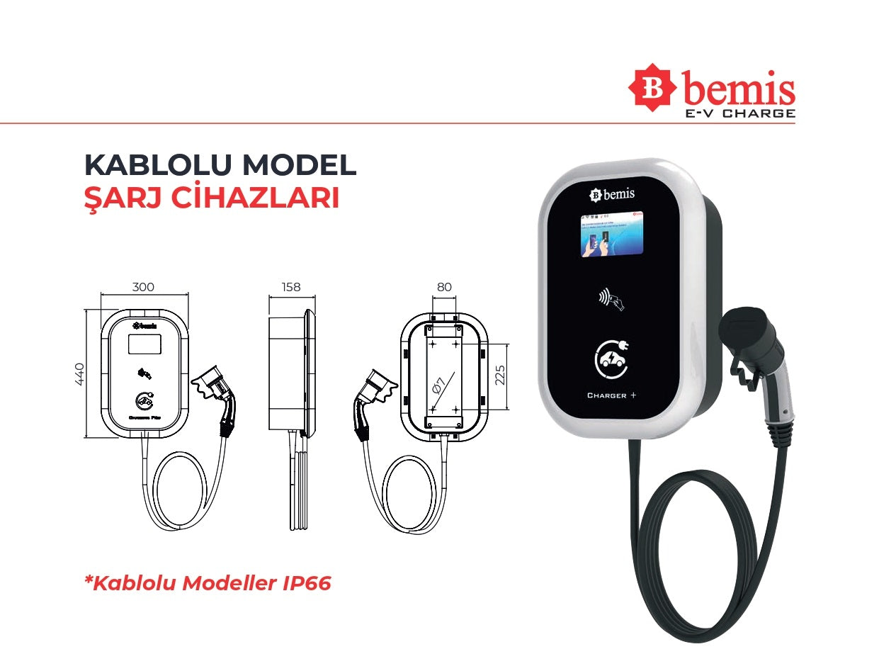 BEMİS MODEL 2 (BEV-1532-2354) 22 KW AC TİP-2 KABLOLU ARAÇ ŞARJ İSTASYONU