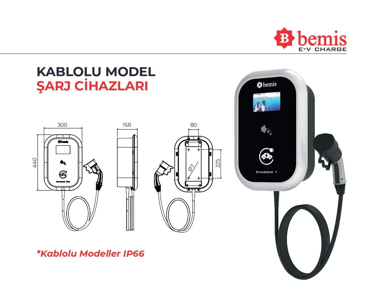 BEMİS MODEL 1 (BEV-2532-2353)  11 KW AC TİP-2 KABLOLU TAK-ÇALIŞTIR ARAÇ ŞARJ İSTASYONU
