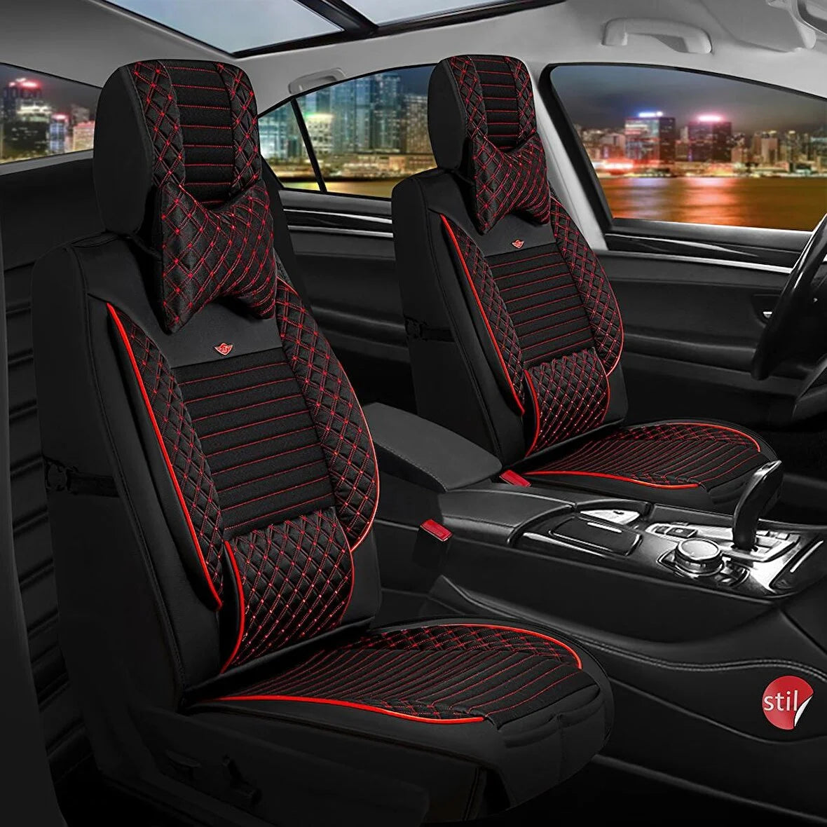 STİL TOGG T10X 2023 LÜX DERİ KOLTUK KILIFI 5’Lİ SET TAM TAKIM URBAN SİYAH-KIRMIZI